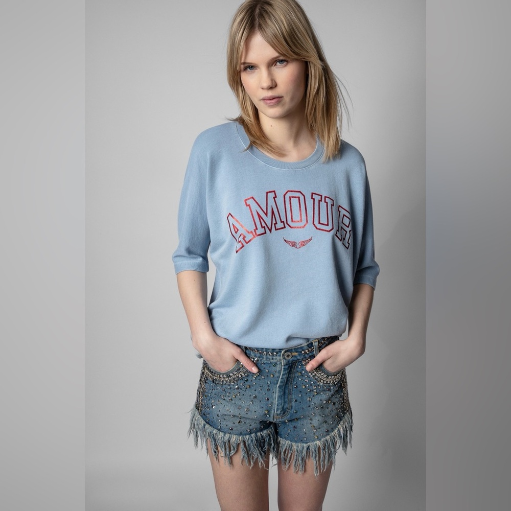 Zadig Voltaire Portland Amour Sweatshirt Sky Blue Cotton Short Sleeve Small